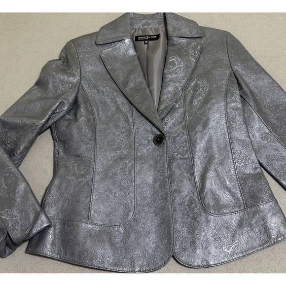 Jones New York Jackets & Blazers - Vtg Womens leather blazer jacket S Textured Steampunk‎ Coat Gunmetal Western Y2K